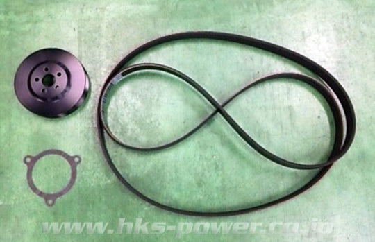HKS superchargers pulley upgrade kit with metal pulleys and hardware for enhanced engine performance.