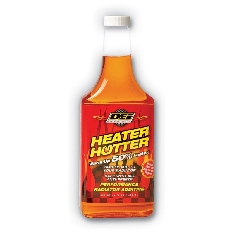 DEI Radiator Relief Heater Hotter 16oz coolant bottle, used for engine cooling system heat management and radiator protection.