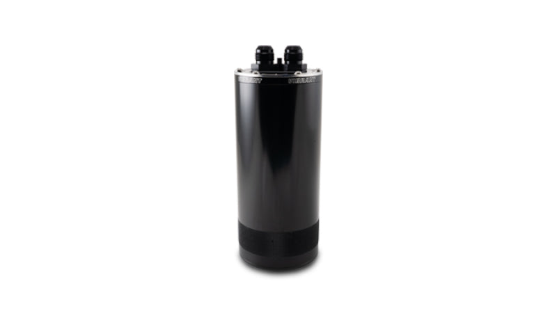 Vibrant large 2.0L 2-port oil catch can assembly with black aluminum body and fittings for engine ventilation system.