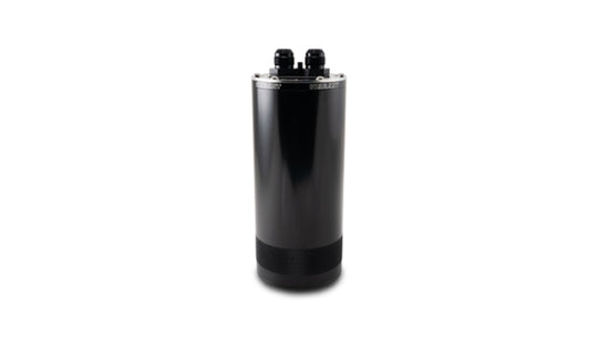 Vibrant large 2.0L 2-port oil catch can assembly with black aluminum body and fittings for engine ventilation system.