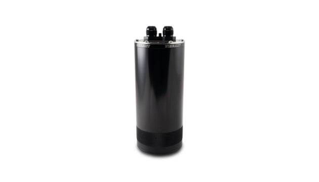 Vibrant large 2.0L 2-port oil catch can assembly with black aluminum body and fittings for engine ventilation system.