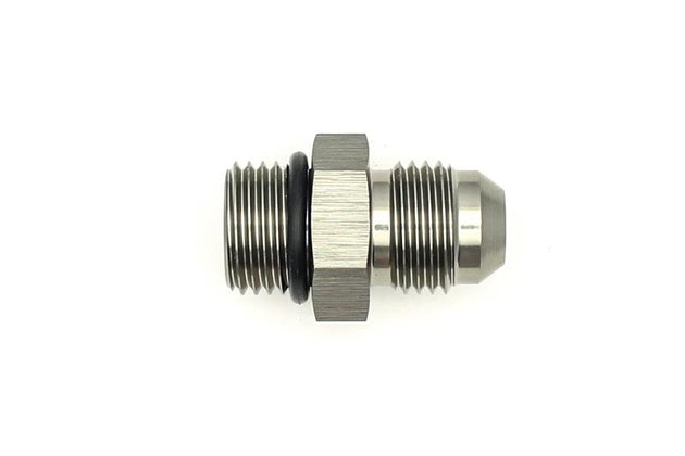 DeatschWerks 6AN ORB male to 6AN male flare adapter fitting with O-ring, used for high-performance fuel or oil lines