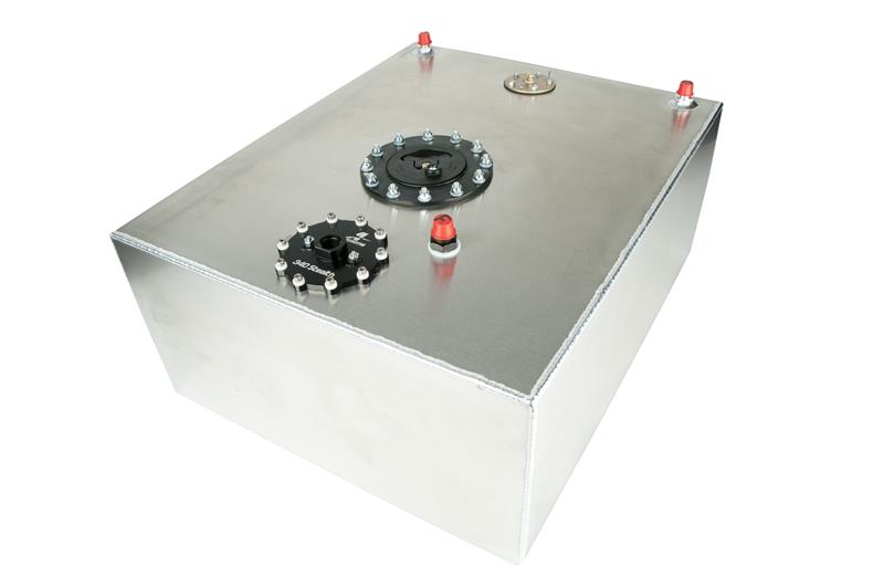 Aeromotive 20g 340 Stealth fuel cell tank for high-performance automotive fuel systems, shown in black with mounting hardware.
