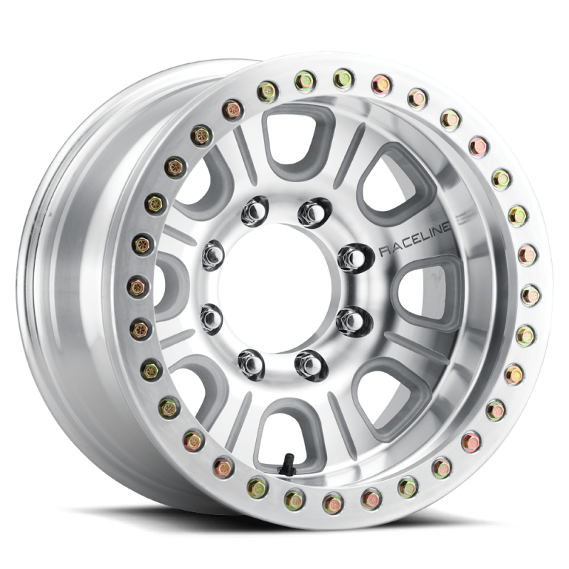 Raceline RT233 Monster 17x9.5-inch cast beadlock wheel with machined finish, -32mm offset, 8x170 bolt pattern, and 130.81mm bore