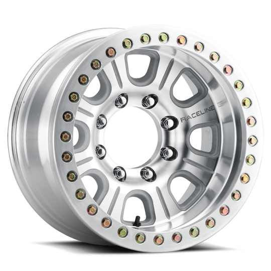 Raceline RT233 Monster 17x9.5-inch cast beadlock wheel with machined finish, -32mm offset, 8x170 bolt pattern, and 130.81mm bore
