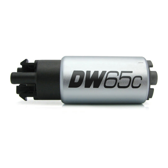 DeatschWerks 265 LPH DW65C compact fuel pump with mounting clips, designed for high-performance automotive fuel systems.
