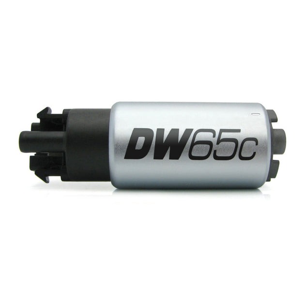 DeatschWerks 265 LPH DW65C compact fuel pump with mounting clips, designed for high-performance automotive fuel systems.