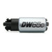 DeatschWerks 265 LPH DW65C compact fuel pump with mounting clips, designed for high-performance automotive fuel systems.