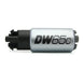 DeatschWerks 265 LPH DW65C compact fuel pump with mounting clips, designed for high-performance automotive fuel systems.