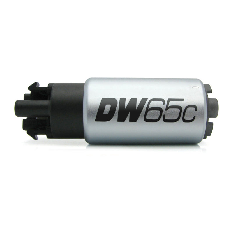 DeatschWerks 265 LPH DW65C compact fuel pump with mounting clips, designed for high-performance automotive fuel systems.