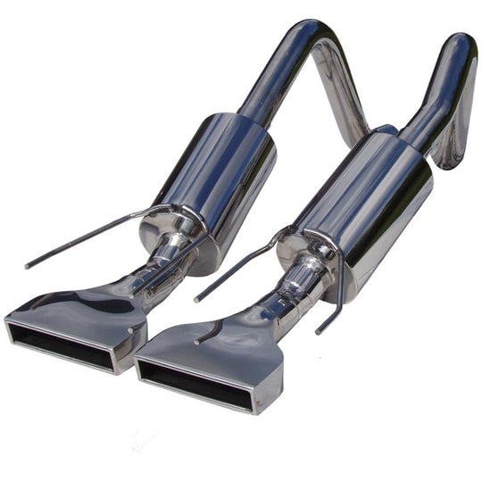 MBRP dual muffler axle back exhaust with rectangular tips installed on a 2005-2008 Chevy Corvette, showcasing polished metal tips.