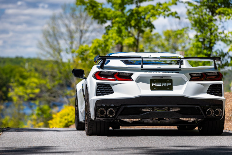 MBRP catback exhaust system for Chevrolet Corvette C8 20-24 with quad split rear exit and AFM sims visible in the image.