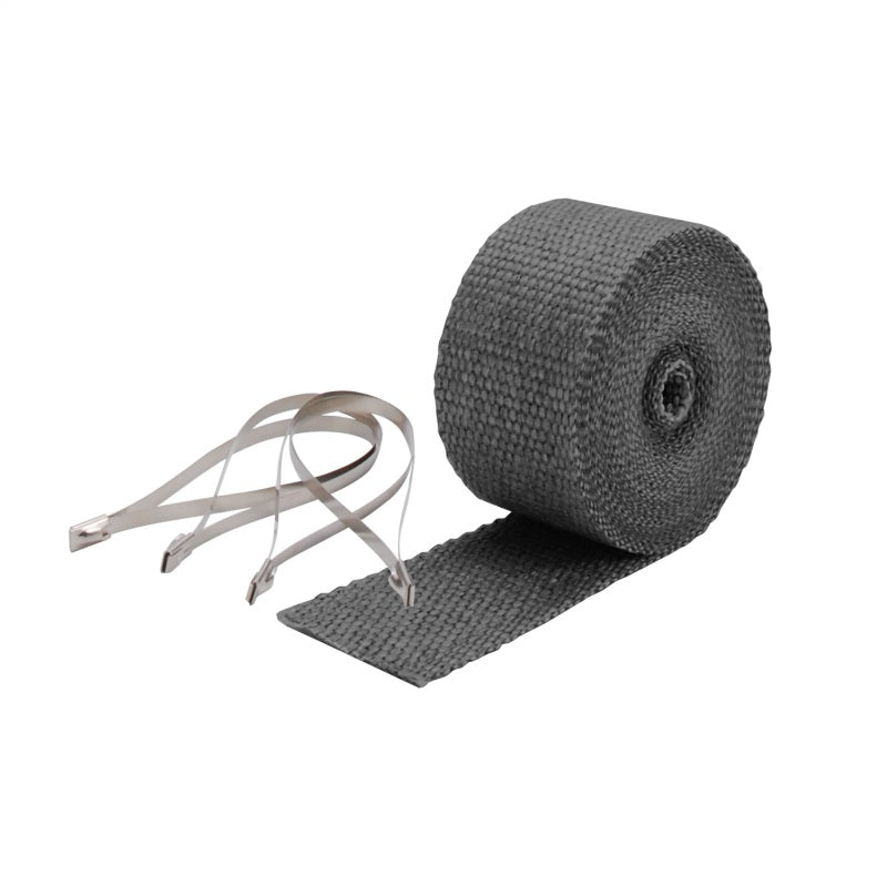 Black DEI exhaust wrap kit with pipe wrap and locking tie, designed to insulate and protect exhaust systems.