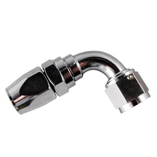 Fragola chrome 90-degree Pro-Flow hose end fitting with -6AN connection for high-performance automotive fluid systems.