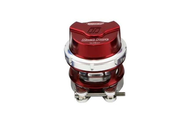 Turbosmart RacePort Female Gen-V Red blow off valve with no weld flange, showcasing its sleek red finish and compact design.