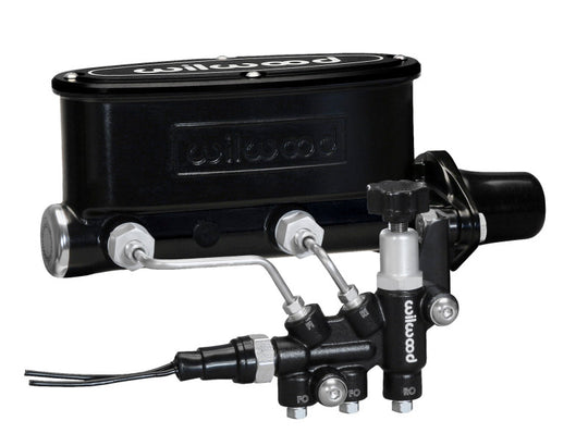 Wilwood HV tandem brake master cylinder with 1-inch bore, black finish, includes left-hand bracket and proportioning valve.