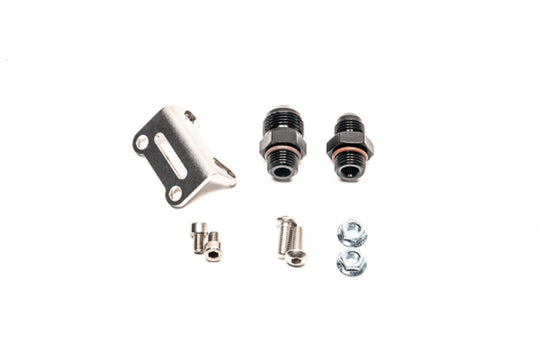 Radium Engineering fuel pressure regulator remote adapter kit with mounting components for direct mounting on vehicles.