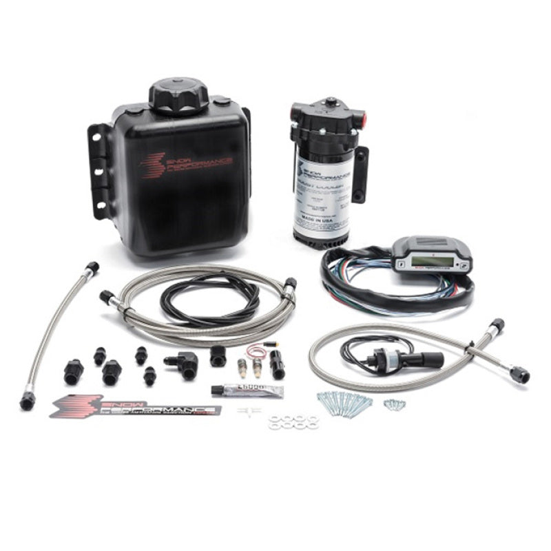 Snow Performance Stg 3 Boost Cooler EFI water meth kit with SS braided line and 4AN fittings, designed for vehicle water injection systems.