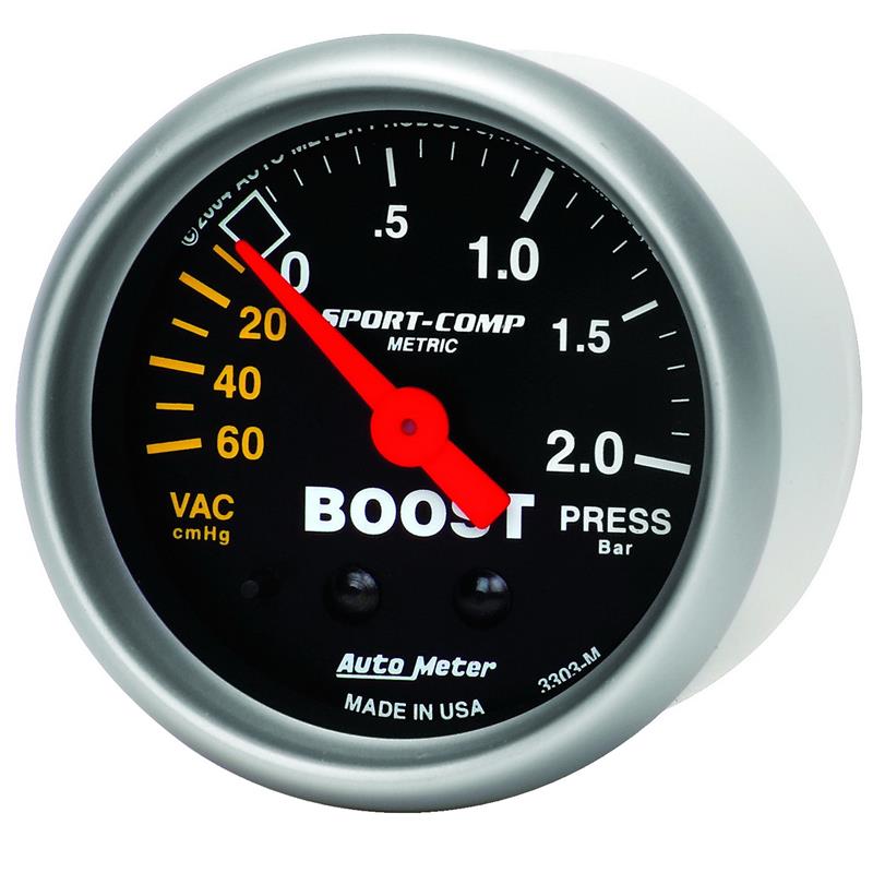 AutoMeter Sport-Comp 52mm mechanical boost gauge with black dial and silver bezel, showing pressure readings in bar and HG units.