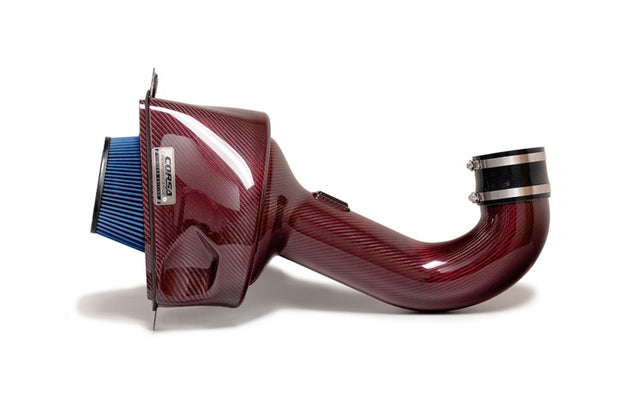 Red carbon fiber cold air intake for 2015-19 Chevrolet Corvette C7 Z06 6.2L V8 by CORSA Performance, with sleek aerodynamic design.