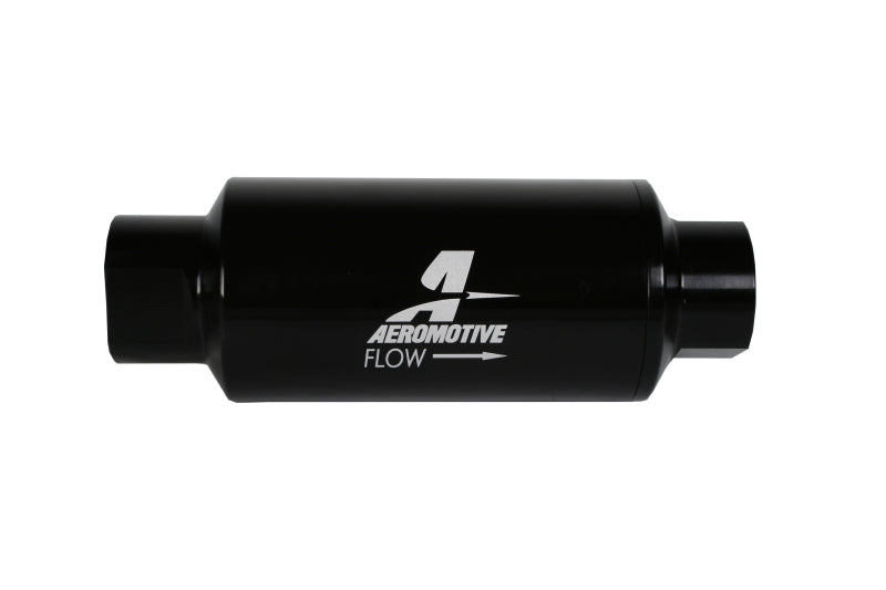 Aeromotive in-line fuel filter with 10AN fitting, 10-micron microglass element, bright-dip black finish, 2-inch OD for automotive use