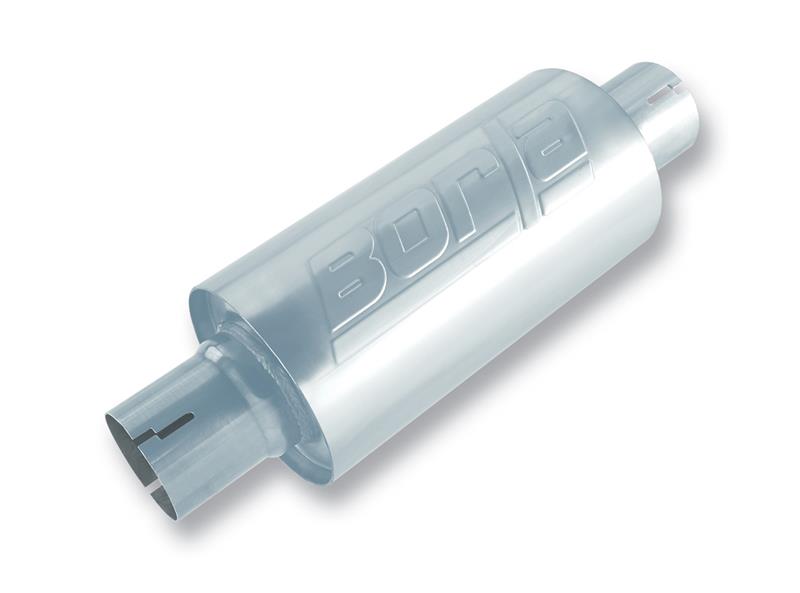 Borla S-Type muffler with 2.5-inch inlet and outlet, 5-inch round body, 10-inch length with notch, automotive exhaust part