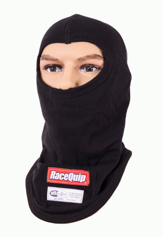 RaceQuip Black SFI 3.3 fire safety single layer racing hood with breathable fabric and secure fit for motorsport safety.