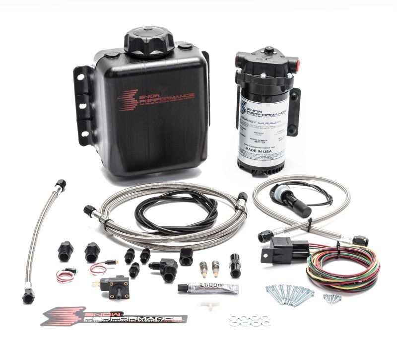 Snow Performance Stage 1 Boost Cooler water methanol injection kit with SS braided line and 4AN fittings, for enhanced engine performance.