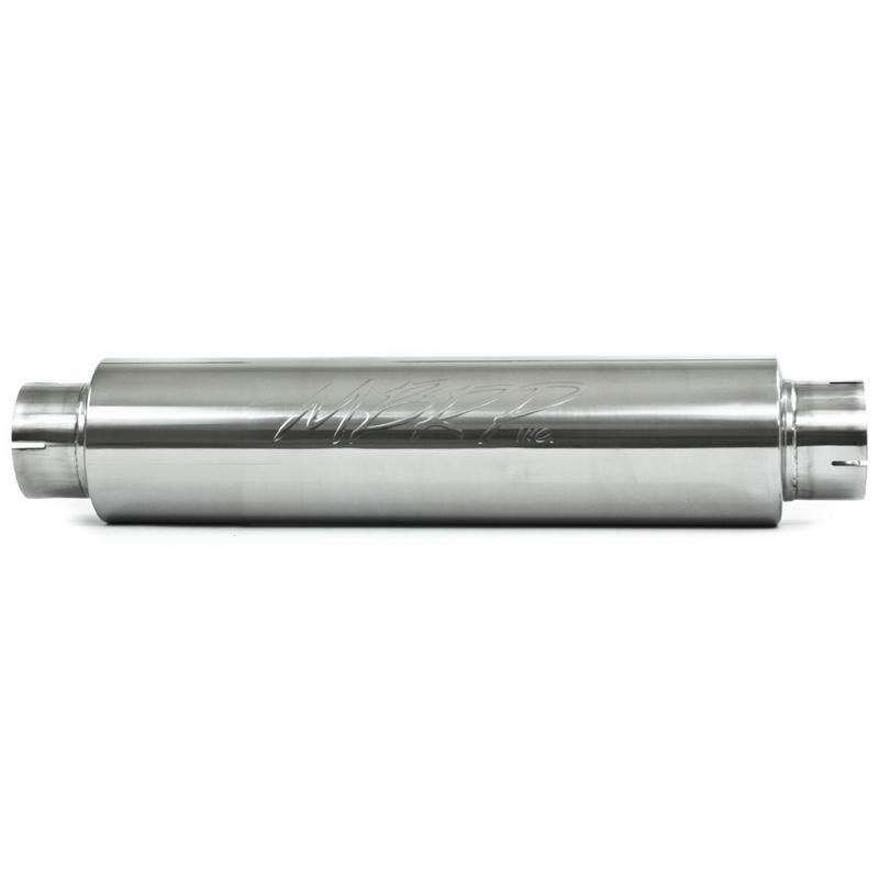 MBRP universal quiet tone muffler with 4-inch inlet and outlet, 24-inch body, 6-inch diameter, stainless steel T304 construction.