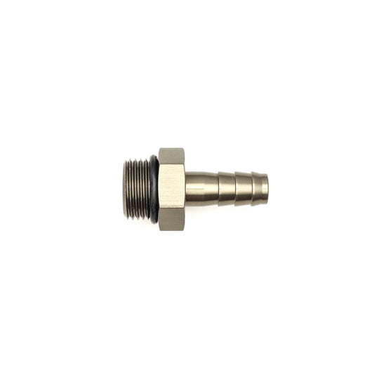 DeatschWerks 8AN ORB male to 3/8 inch male triple barb fitting with O-ring, automotive fuel or fluid line connector.