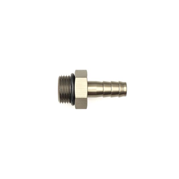 DeatschWerks 8AN ORB male to 3/8 inch male triple barb fitting with O-ring, automotive fuel or fluid line connector.
