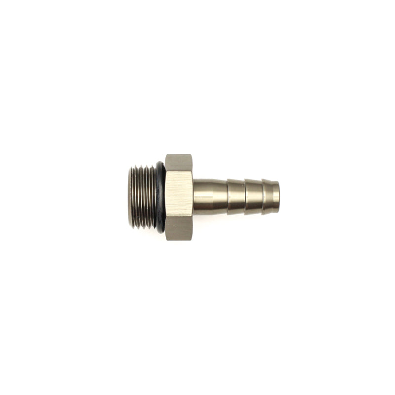 DeatschWerks 8AN ORB male to 3/8 inch male triple barb fitting with O-ring, automotive fuel or fluid line connector.