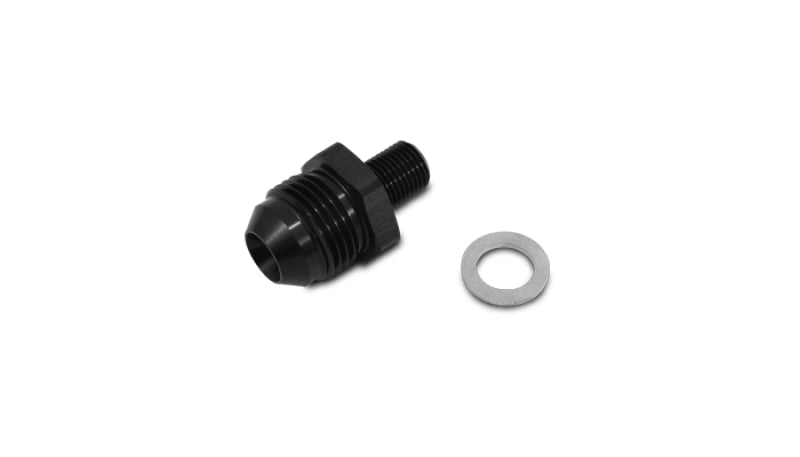 Vibrant -4AN to 10mm x 1.0 metric straight adapter fitting with metal construction on a plain background.