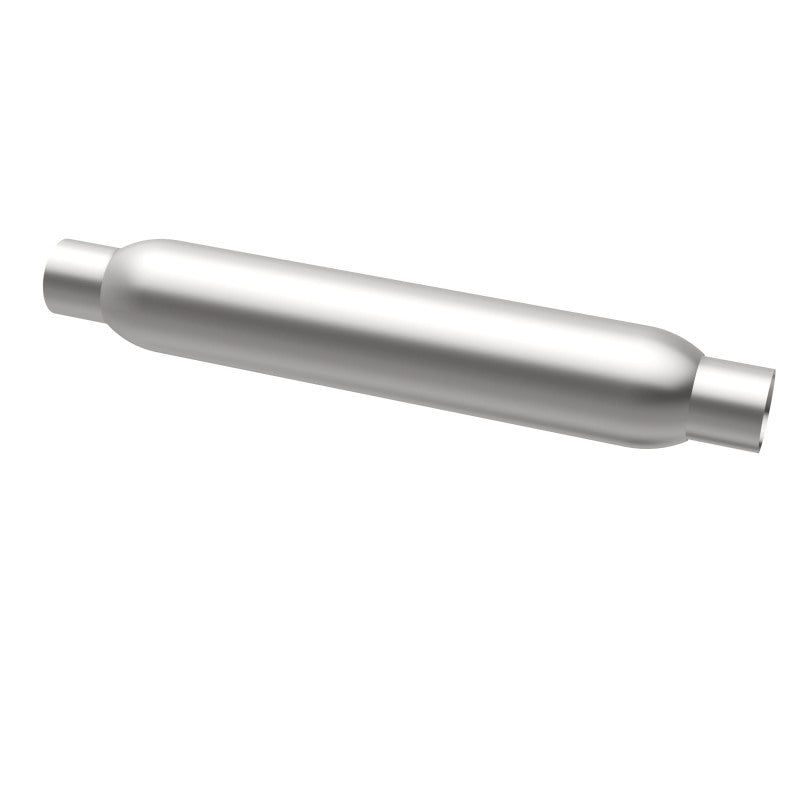 MagnaFlow muffler with 3.5-inch diameter and 18-inch length, featuring dual 2.25-inch inlet and outlet pipes for vehicle exhaust.