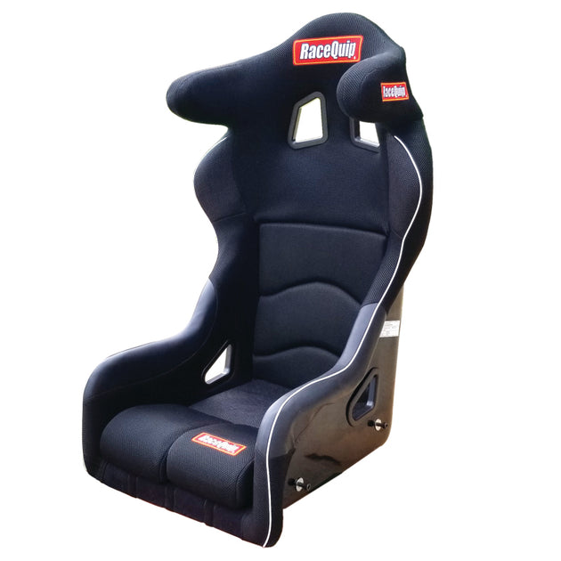 RaceQuip FIA containment racing seat in medium size, black fabric with high side support and harness slots for safety.
