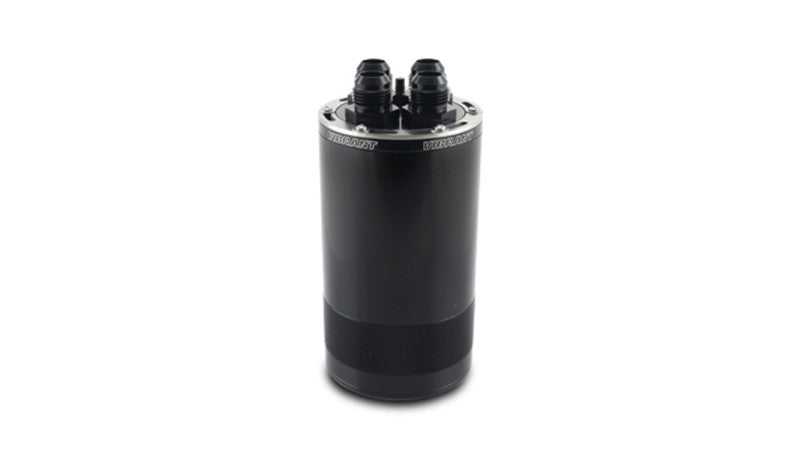 Vibrant medium 1.5L 4-port oil catch can assembly with black hoses and fittings for automotive engine ventilation system