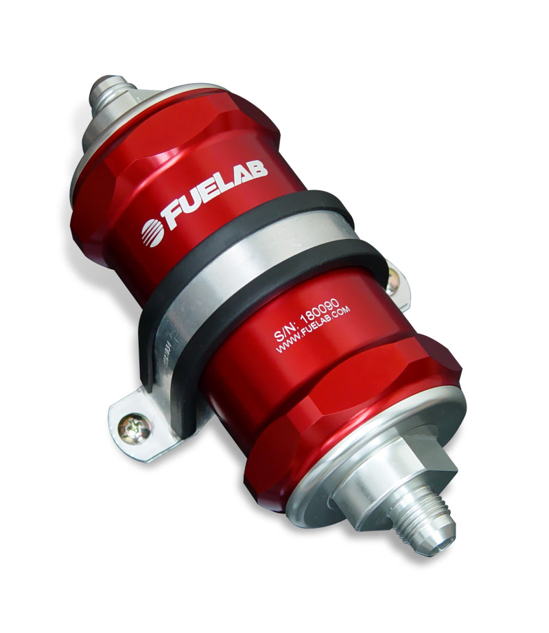 Fuelab 818 In-Line Fuel Filter in red, with -6AN fittings and 10-micron fabric filtering for automotive fuel systems.