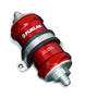 Fuelab 818 In-Line Fuel Filter in red, with -6AN fittings and 10-micron fabric filtering for automotive fuel systems.