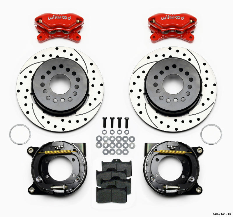 Wilwood Forged Dynalite Power Stop brake kit with drilled rotors and red calipers for Chevy 12 bolt rear axle assembly.