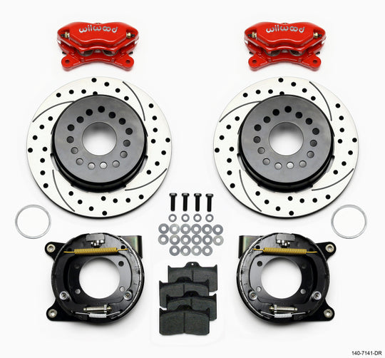 Wilwood Forged Dynalite Power Stop brake kit with drilled rotors and red calipers for Chevy 12 bolt rear axle assembly.