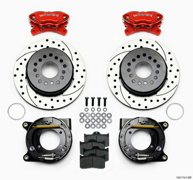 Wilwood Forged Dynalite Power Stop brake kit with drilled rotors and red calipers for Chevy 12 bolt rear axle assembly.