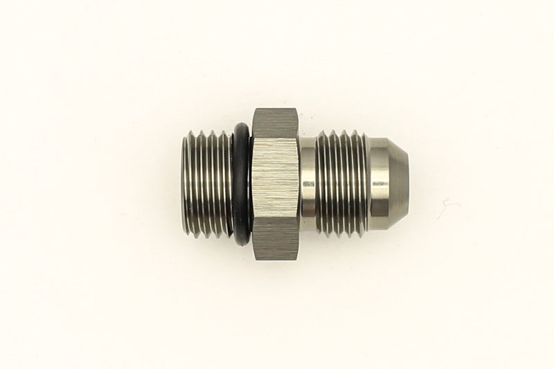 DeatschWerks 6AN ORB male to 6AN male flare adapter fitting with O-ring, used for high-performance fluid connections.