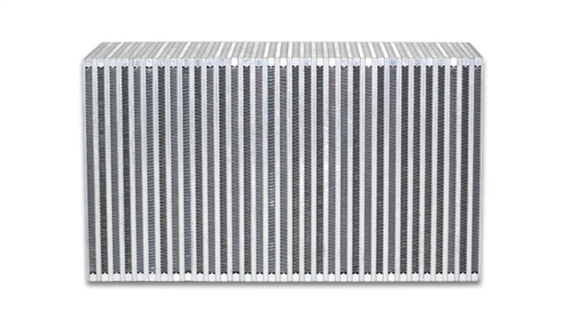 Vibrant vertical flow intercooler core with 18-inch width, 12-inch height, and 6-inch thickness, featuring a vibrant heat exchange design.