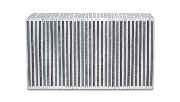 Vibrant vertical flow intercooler core with 18-inch width, 12-inch height, and 6-inch thickness, featuring a vibrant heat exchange design.