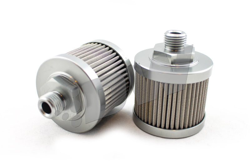 DeatschWerks stainless steel 6AN 100 micron universal fuel pump pre-filter with clear housing and metal fittings.