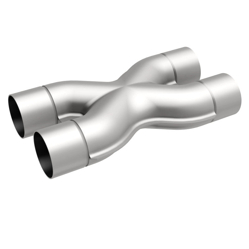 MagnaFlow Smooth Trans X 3/3 X 14 SS X pipe, stainless steel automotive exhaust component with welded joints and polished finish.
