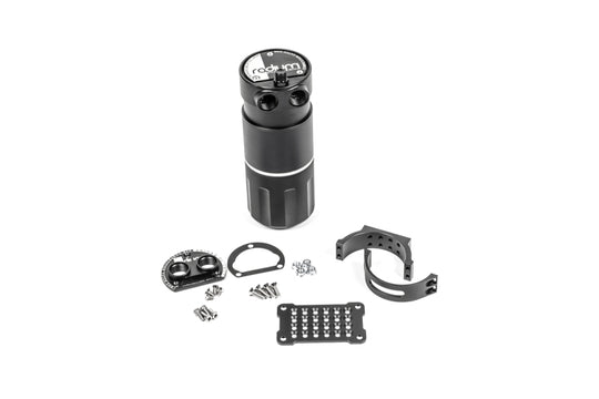 Radium Engineering Competition Catch Can XL VTA/VTE oil catch can with black and silver finish, designed for engine ventilation systems.