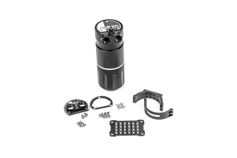 Radium Engineering Competition Catch Can XL VTA/VTE oil catch can with black and silver finish, designed for engine ventilation systems.