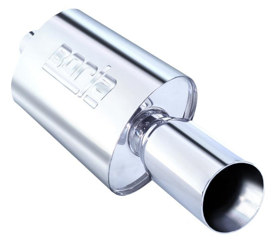 Borla Boomer Muffler Thumper Oval 2-1/4 inch inlet with 4-inch round side outlet, showing the chrome finish and oval shape.