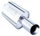 Borla Boomer Muffler Thumper oval 2-1/4 inch inlet and 4-inch round outlet, showcasing the polished metal muffler with dual exhaust openings.